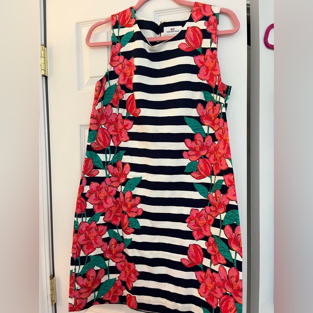 Navy and White Striped Floral Dress